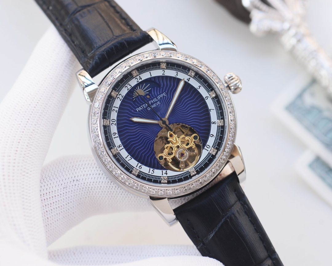 Patek Philippe Black Silver Blue Dial Leather Strap Watch — hero