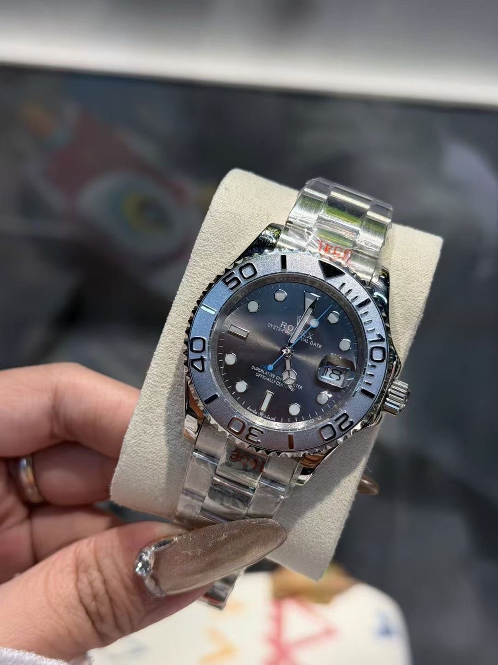 Rolex Blue Dial Silver Bracelet Watch — front