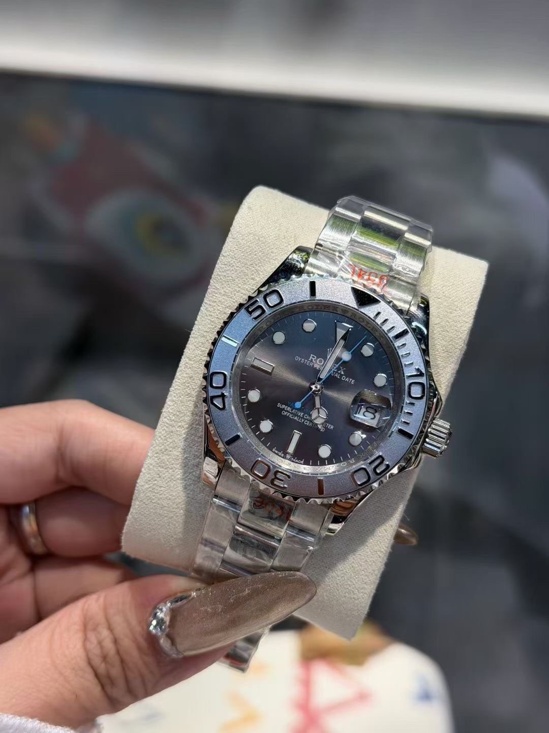 Rolex Blue Dial Silver Bracelet Watch — front