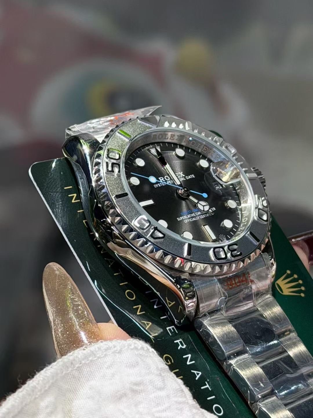 Rolex Blue Dial Silver Bracelet Watch — detail