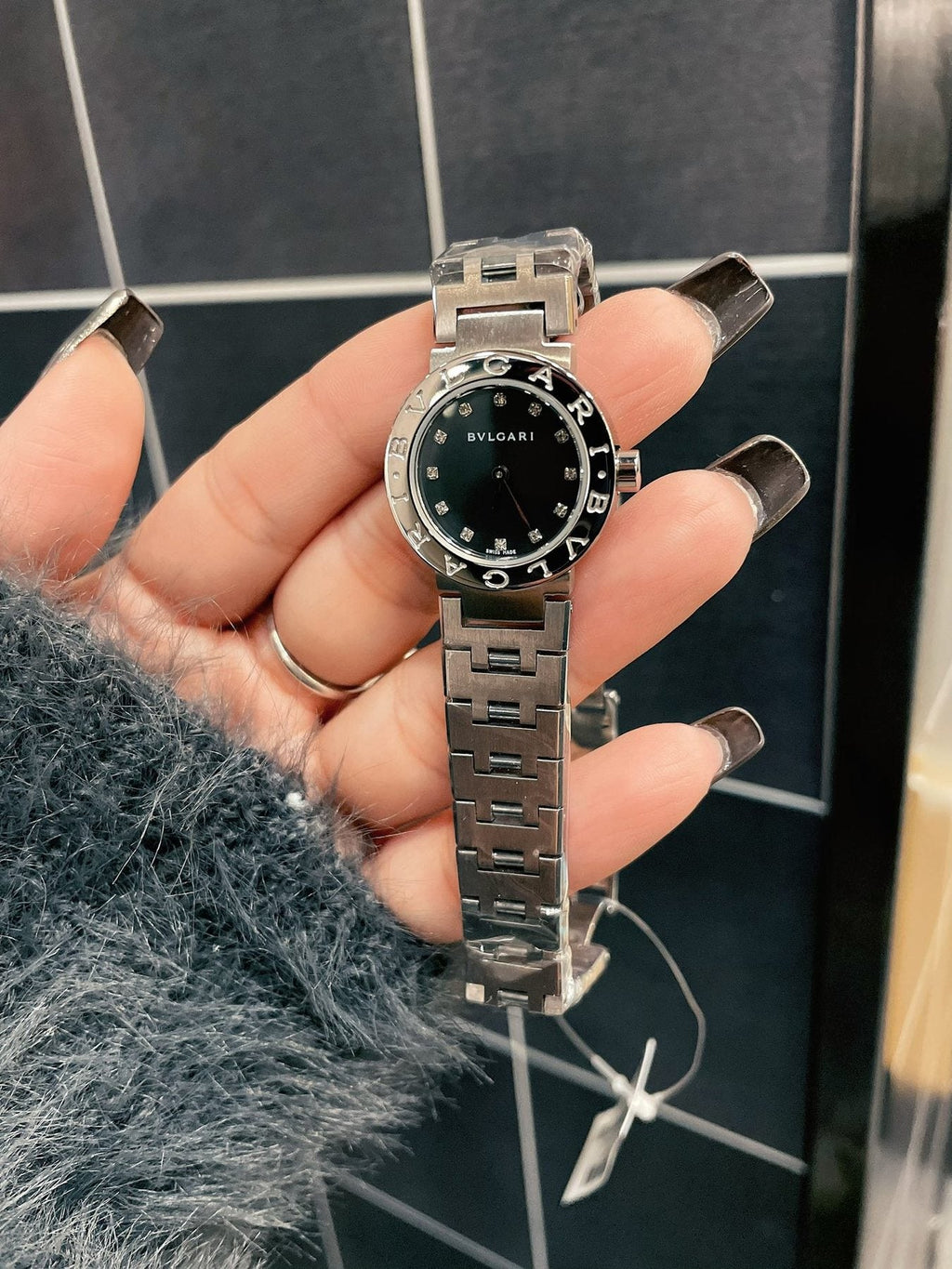 Bvlgari Black Dial Silver-Tone Bracelet Watch — front