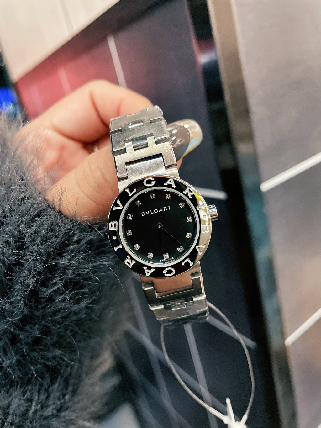 Bvlgari Black Dial Silver-Tone Bracelet Watch — side