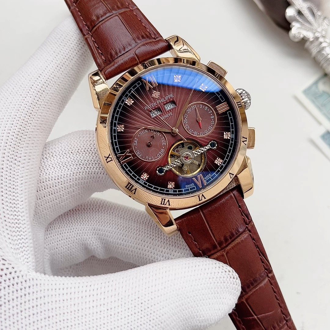 Patek Philippe Burgundy Dial Leather Strap Watch — hero