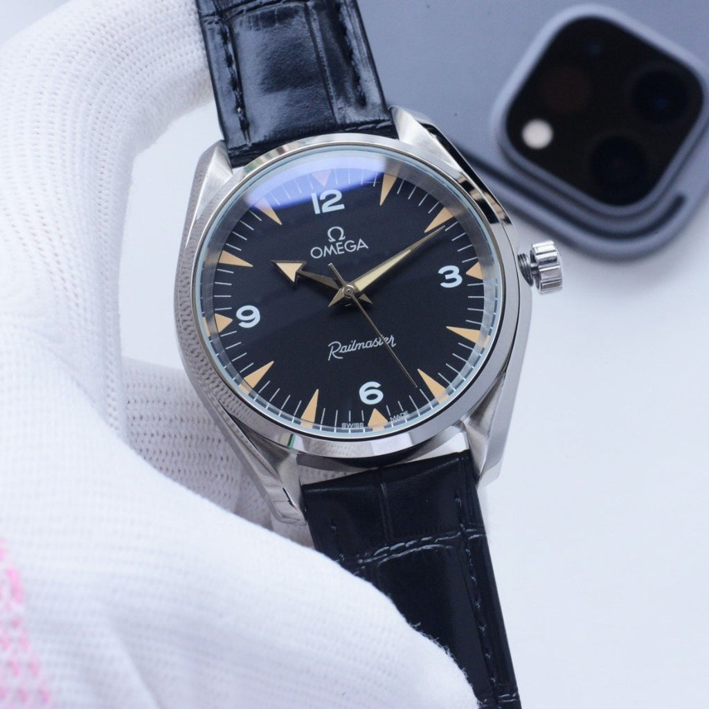 OMEGA Gold Silver Black Dial Bracelet Watch — front