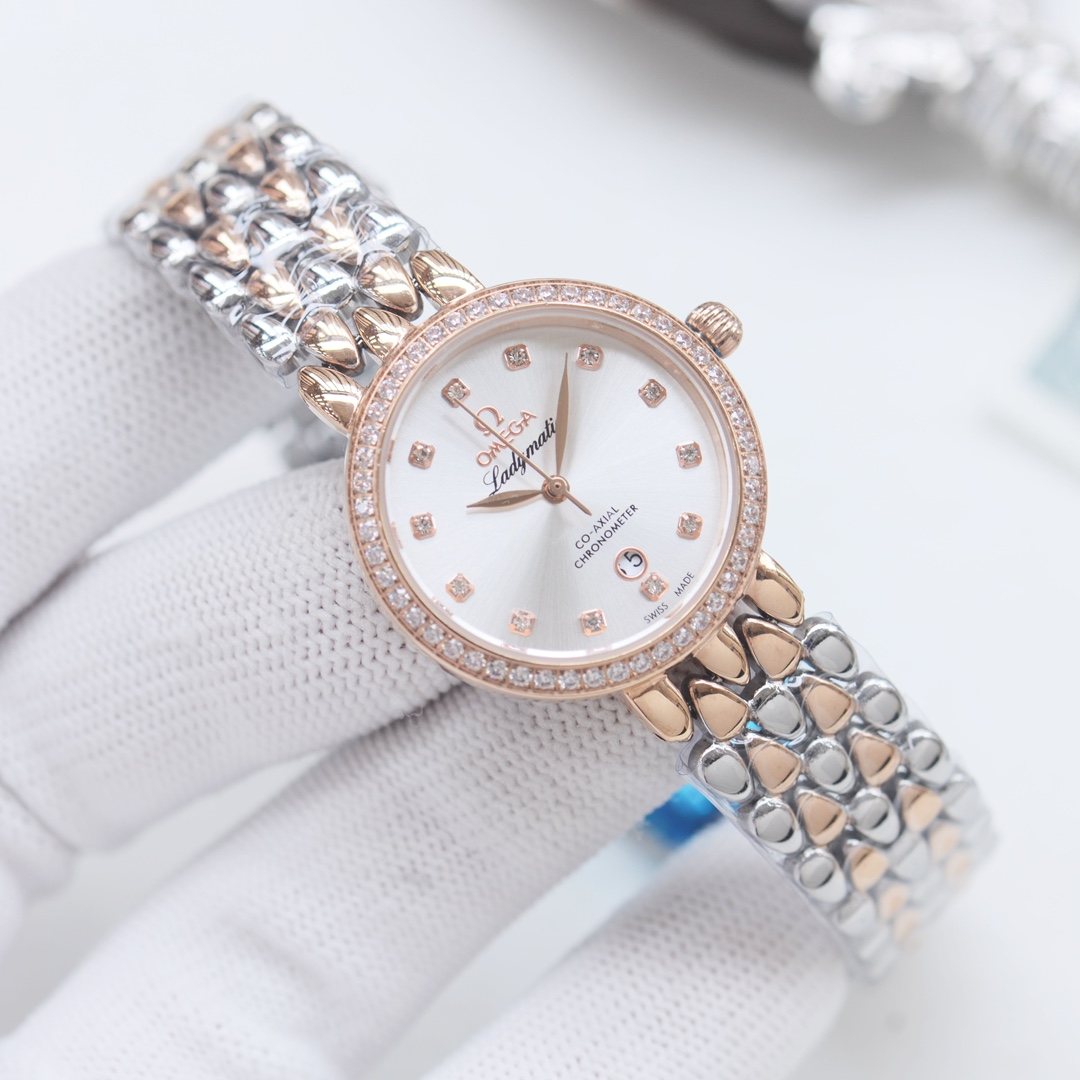 Omega Two Tone Rose Gold White Dial Bracelet Watch — hero