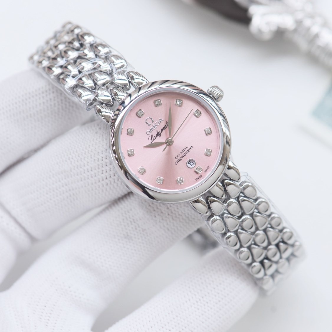 Omega Silver Pink Dial Bracelet Watch — hero