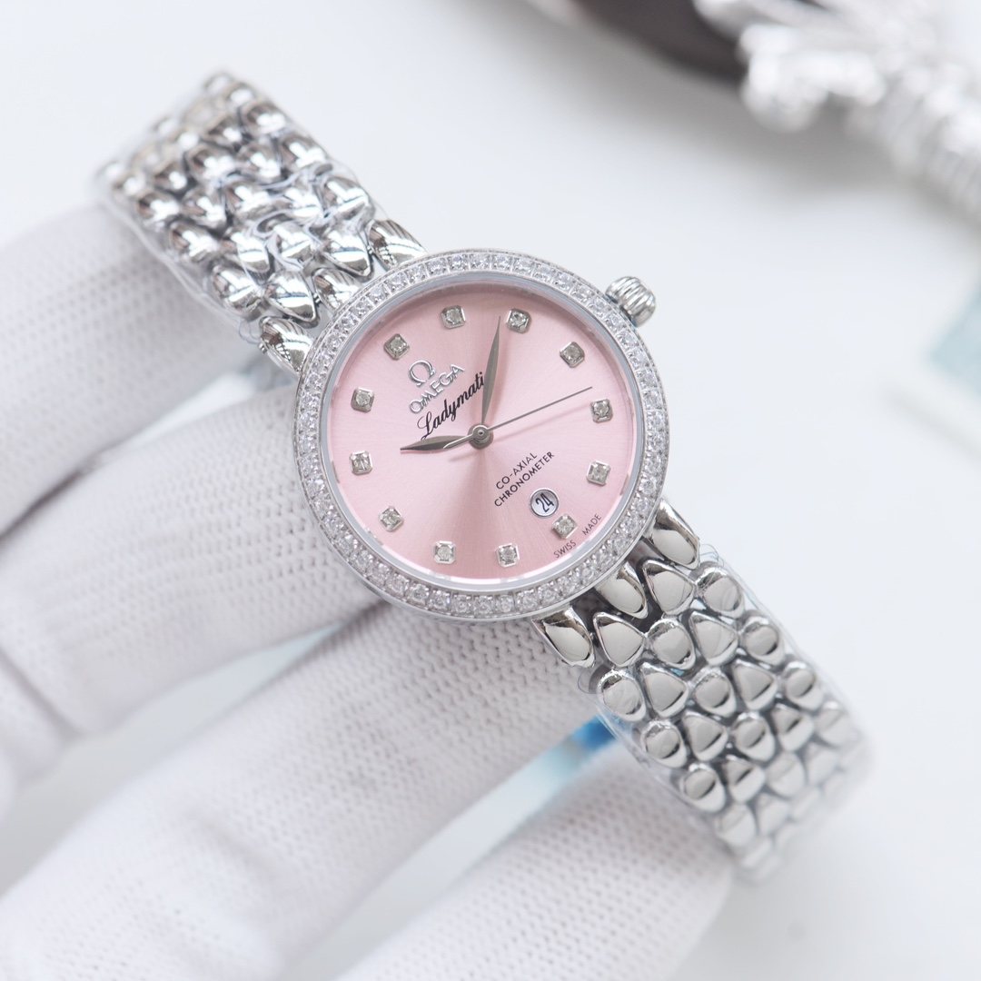 Omega Silver Pink Dial Bracelet Watch — front