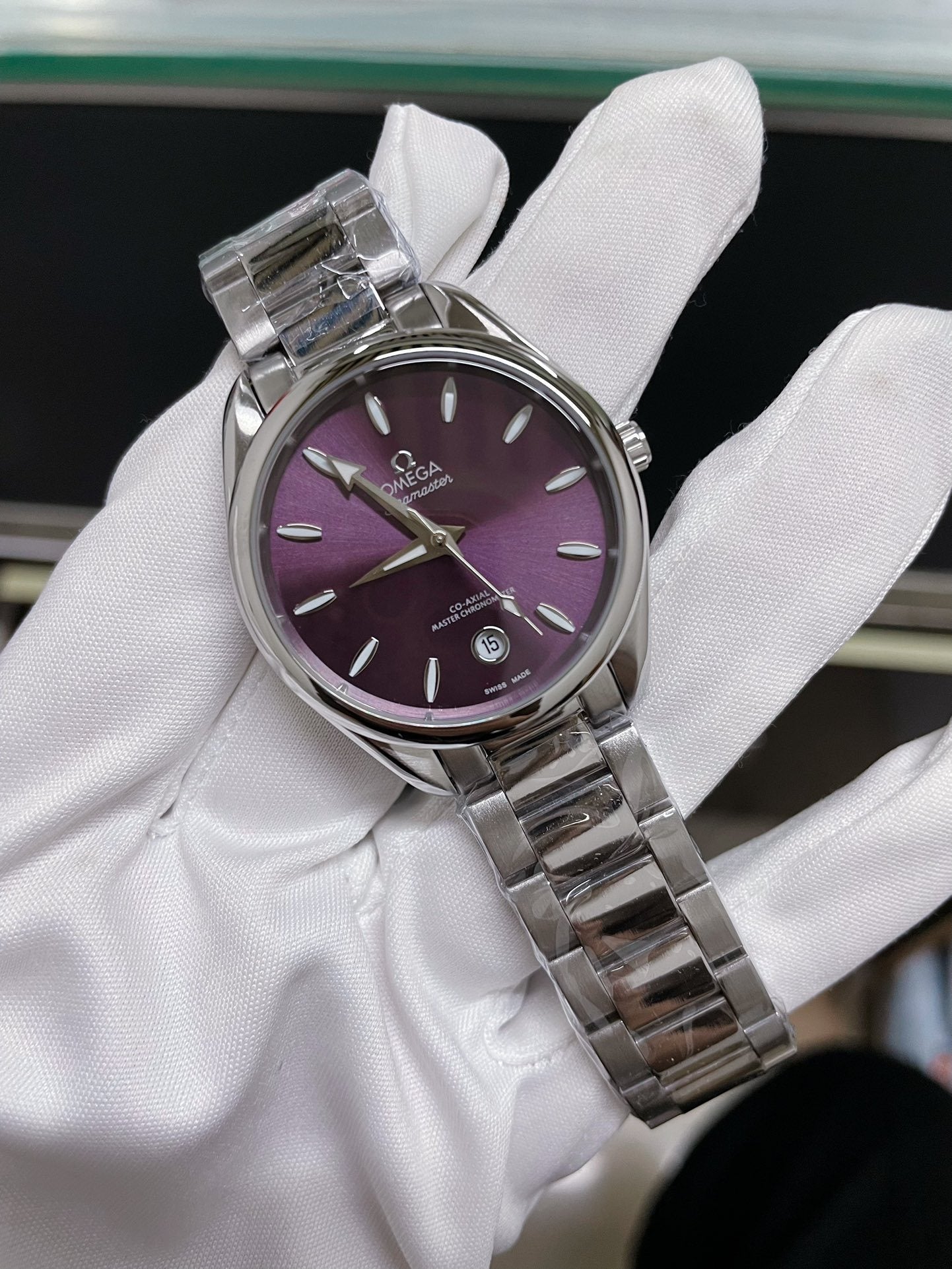 OMEGA Purple Dial Link Bracelet Watch — hero