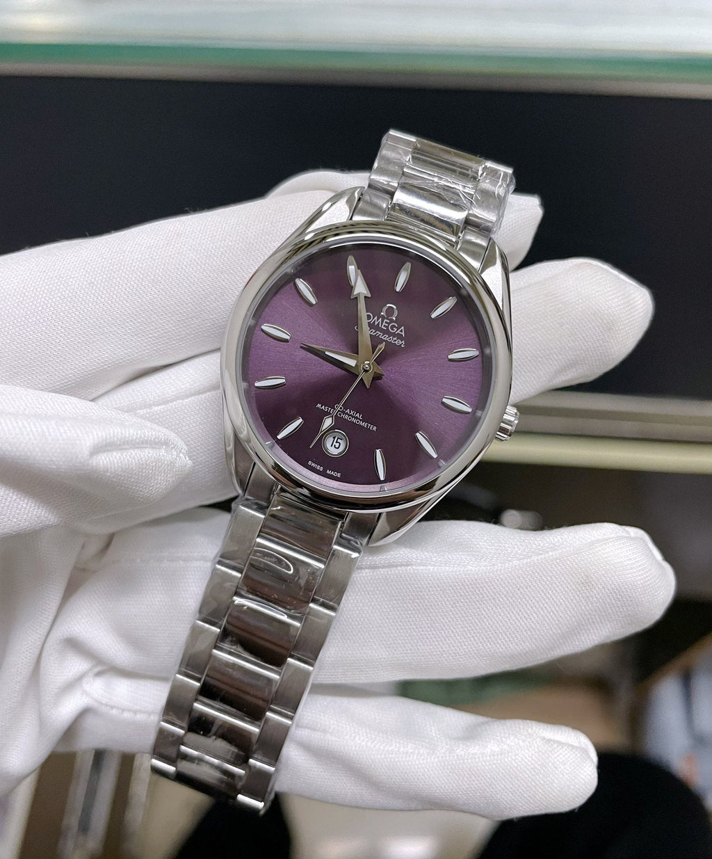 OMEGA Purple Dial Link Bracelet Watch — front