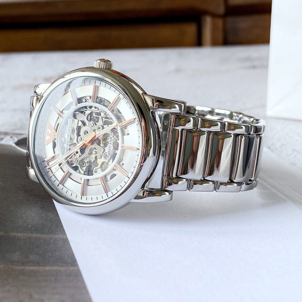 EMPORIO ARMANI Silver Skeleton Watch — front