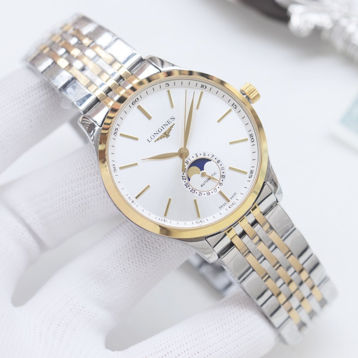 Longines Silver Gold White Dial Bracelet Watch — front