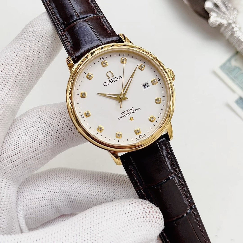 Omega White Dial Brown Strap Watch — front