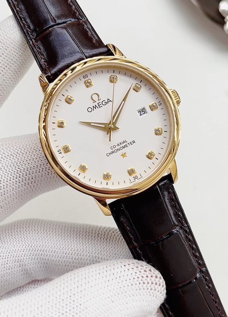Omega White Dial Brown Strap Watch — hero