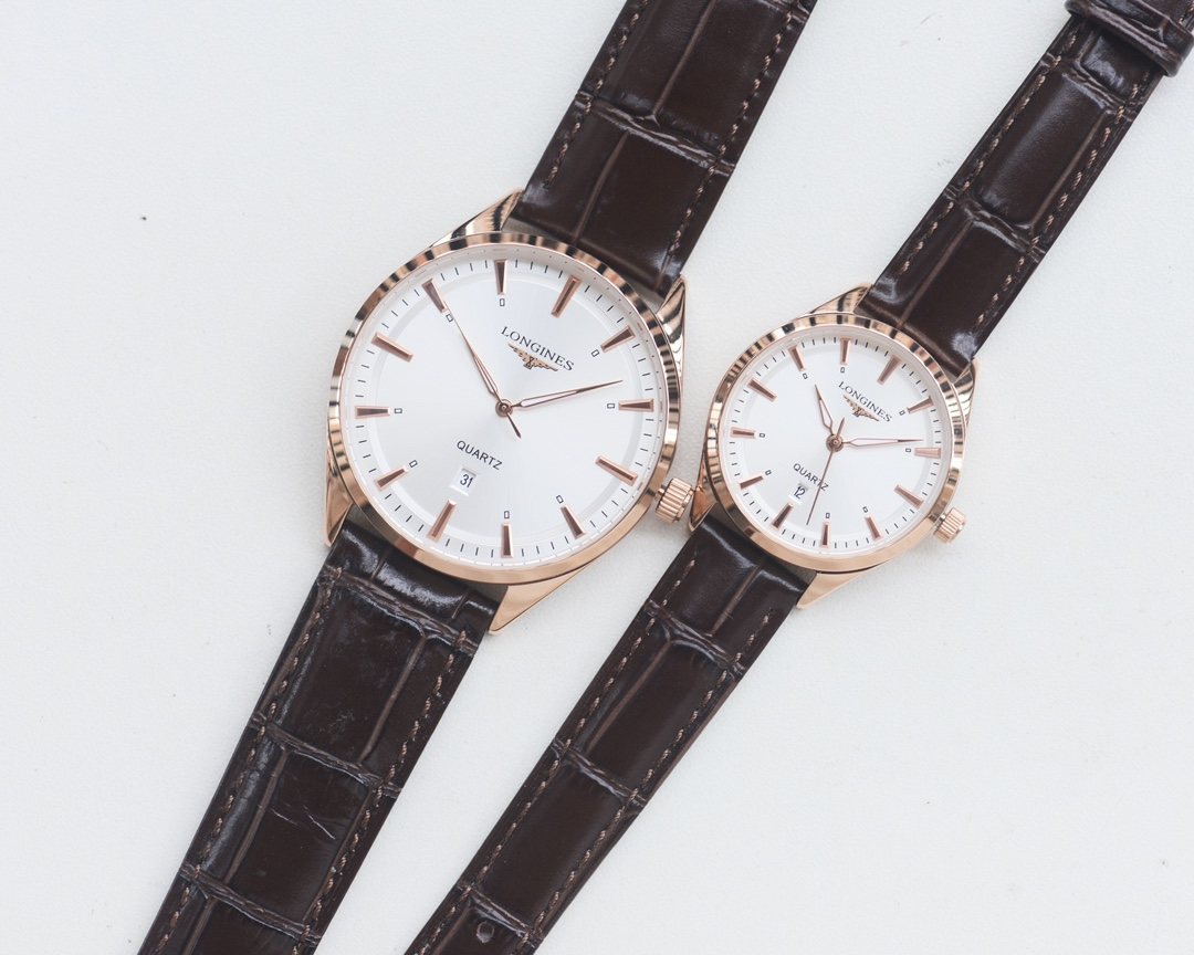Longines Rose Gold Brown White Dial Leather Strap Couple Watch Set — hero
