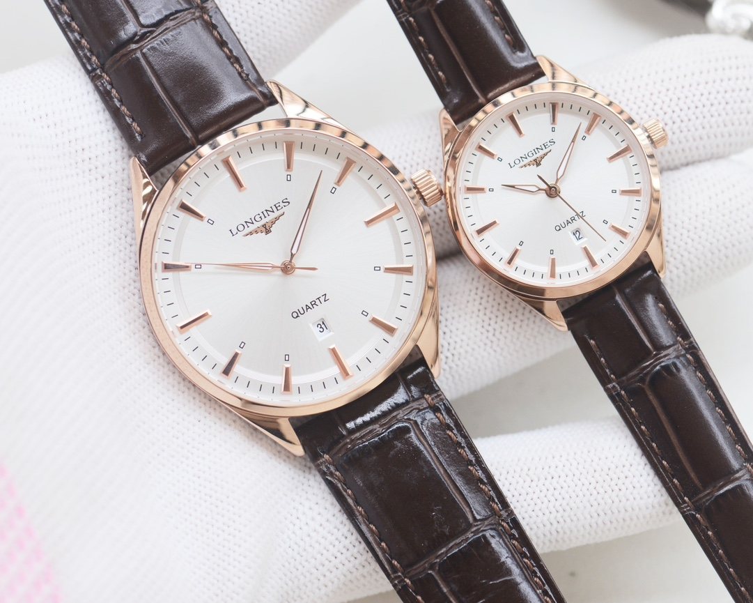 Longines Rose Gold Brown White Dial Leather Strap Couple Watch Set — front