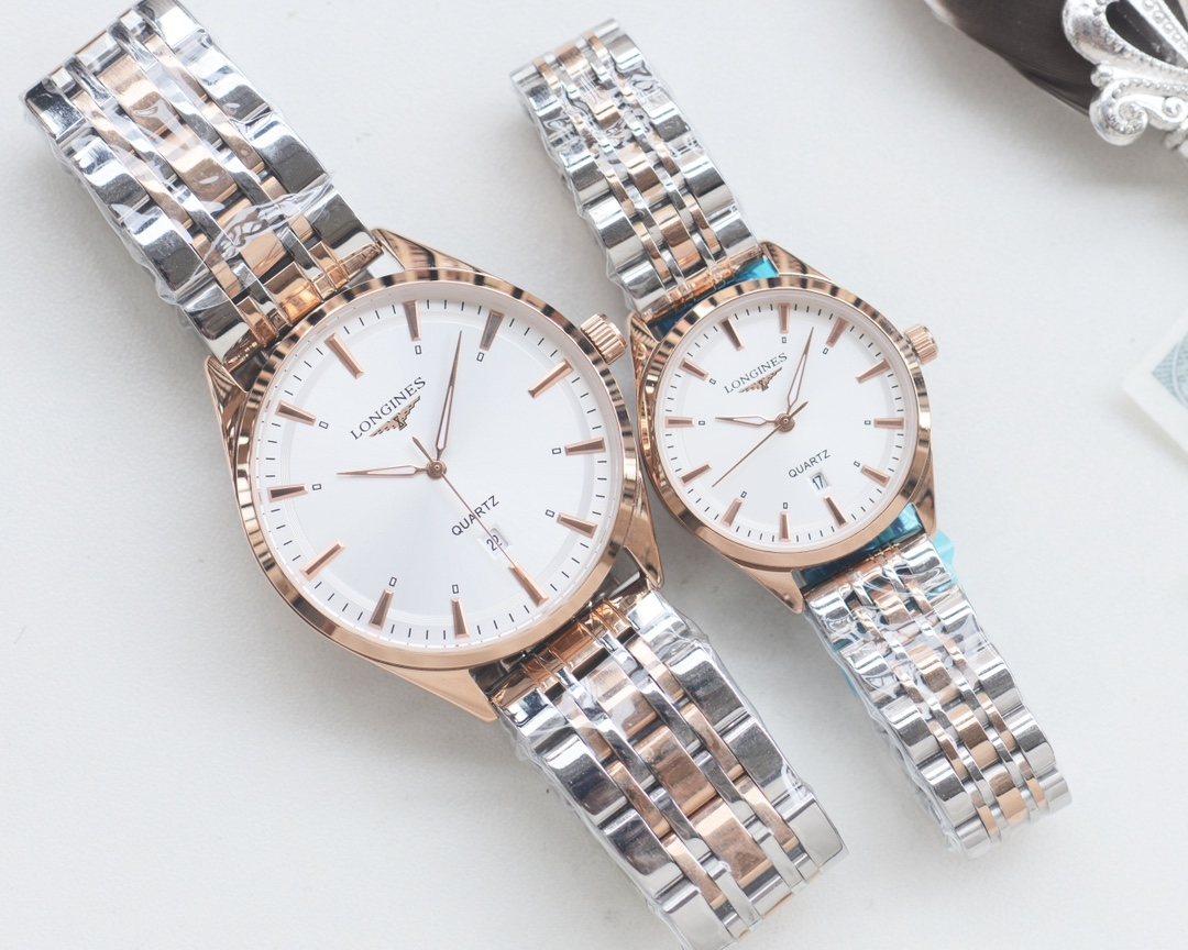 Longines Silver Rose Gold White Dial Couple Watch Set — hero