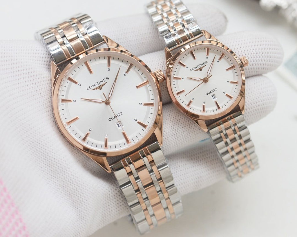 Longines Silver Rose Gold White Dial Couple Watch Set — front