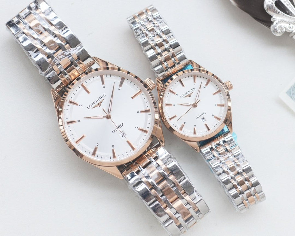 Longines Rose Gold White Dial Couple Watch Set — hero