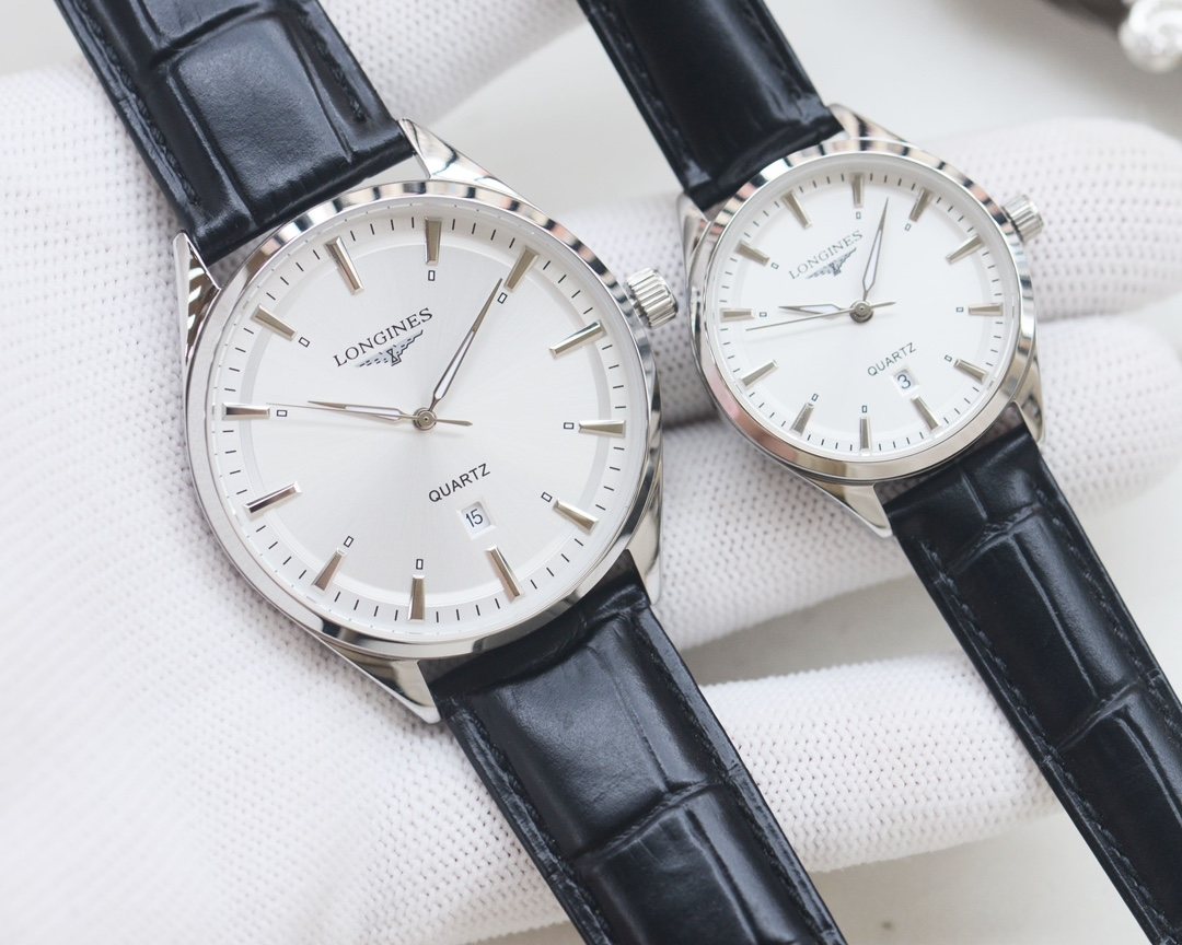 Longines Silver Black White Dial Leather Strap Couple Watch Set — hero