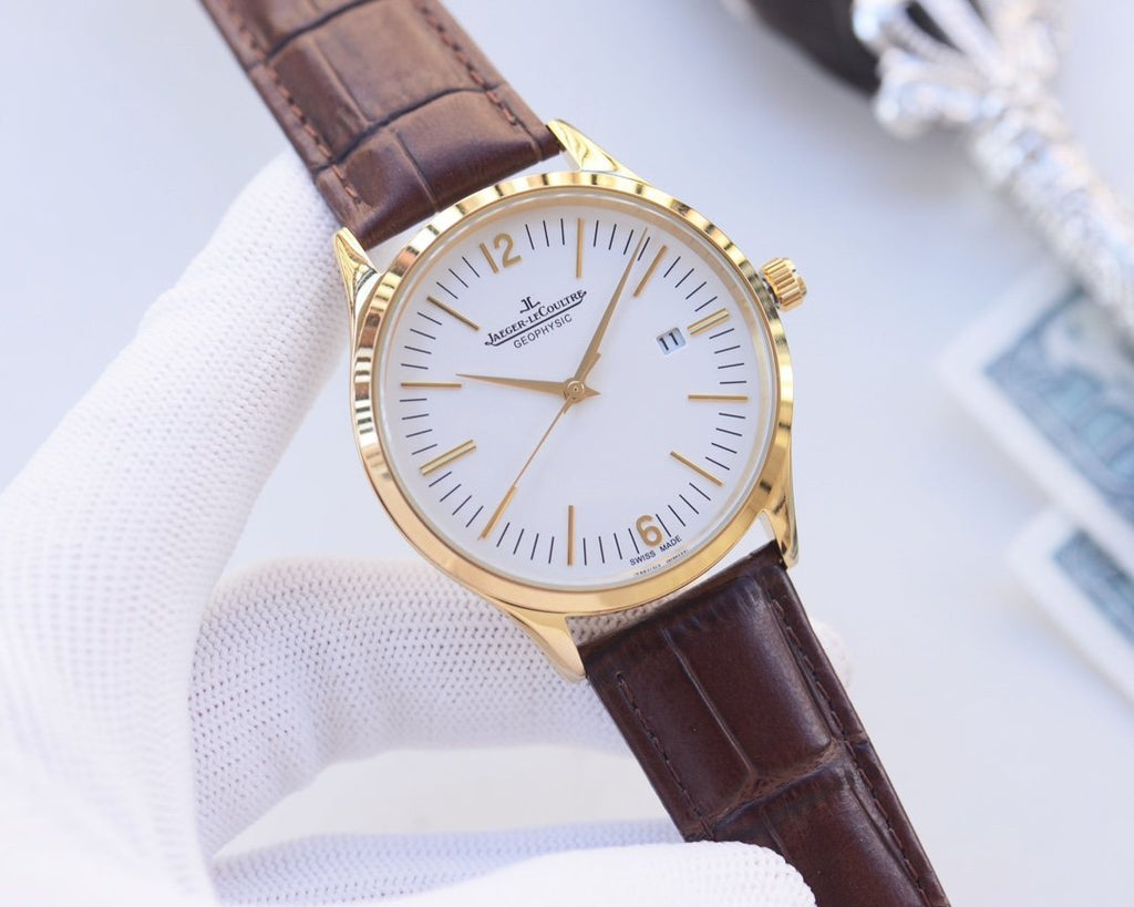 Jaeger-LeCoultre Gold Brown White Dial Strap Watch — front