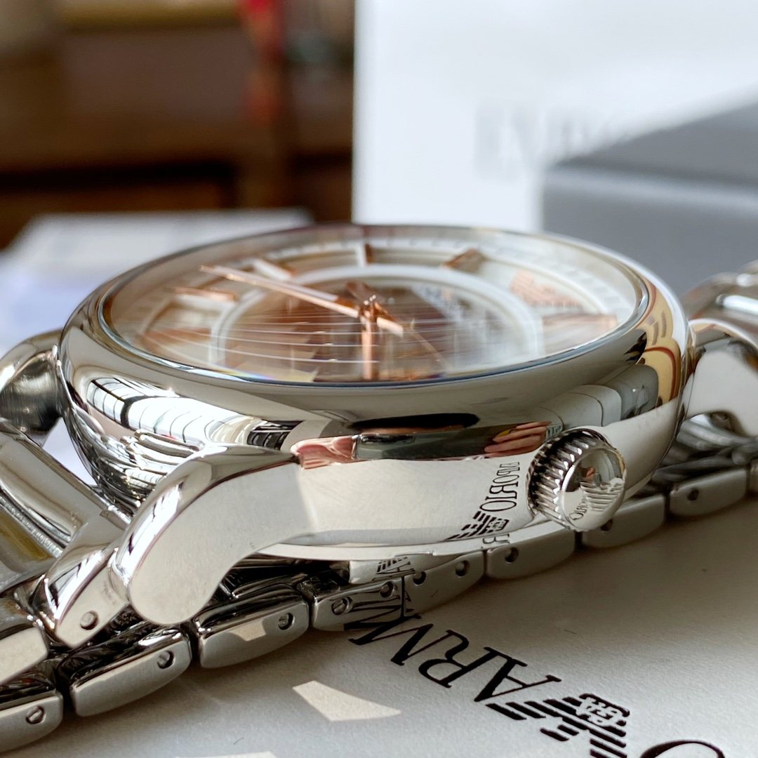 EMPORIO ARMANI Silver-Tone Skeleton Watch — detail