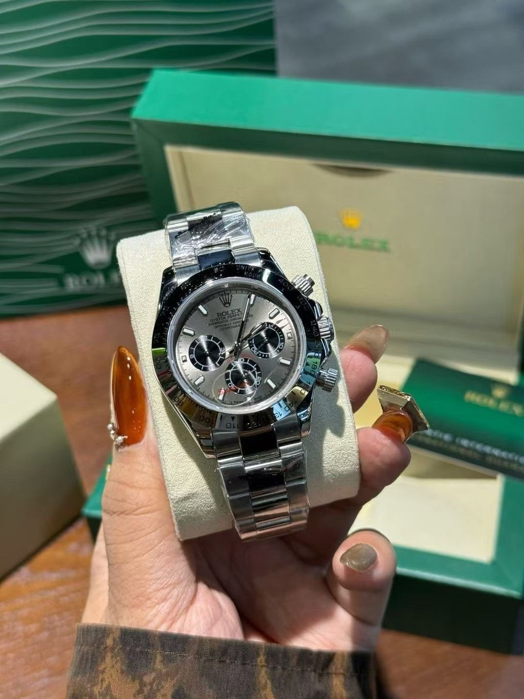 Rolex Silver Rose Gold Watch — front