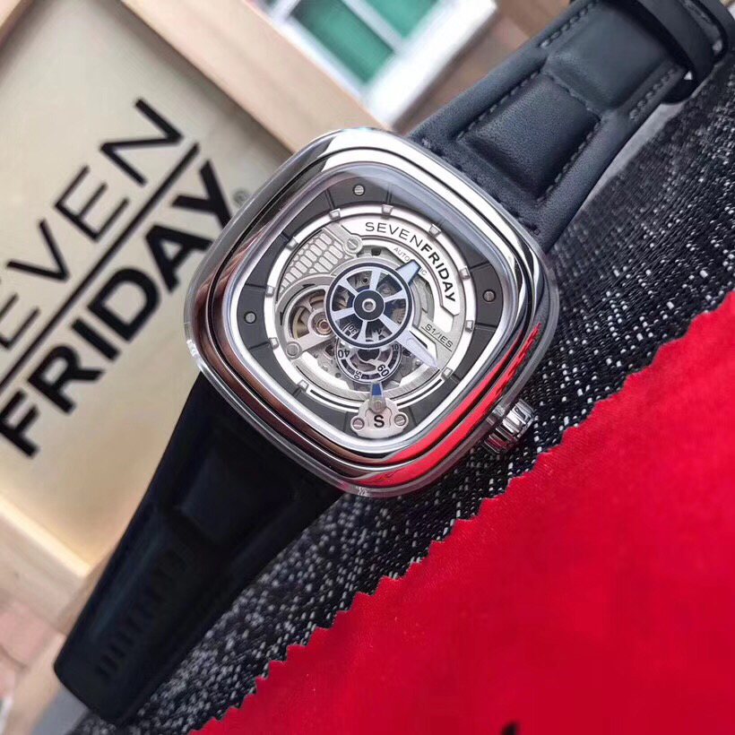 SEVENFRIDAY Silver Case Black Strap Watch — front