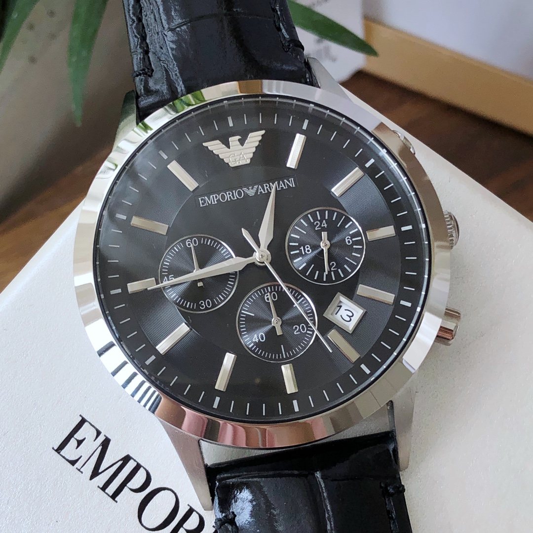 EMPORIO ARMANI Black Dial Leather Strap Watch — hero