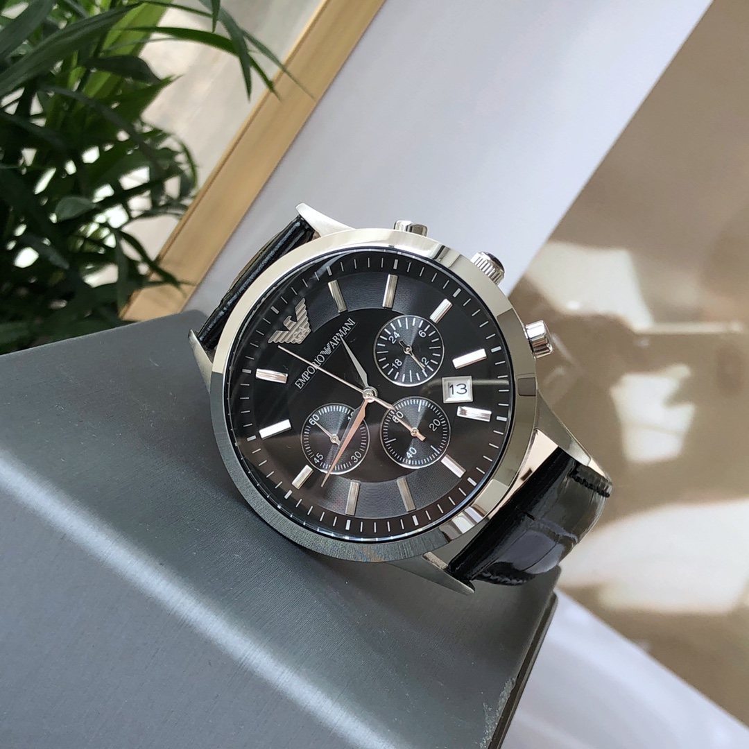 EMPORIO ARMANI Black Dial Leather Strap Watch — front