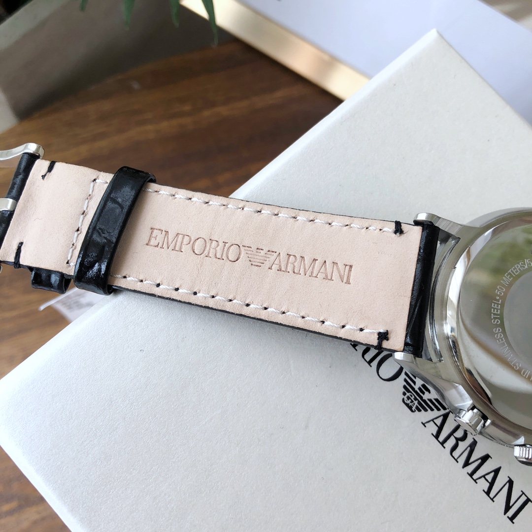 EMPORIO ARMANI Black Dial Leather Strap Watch — back