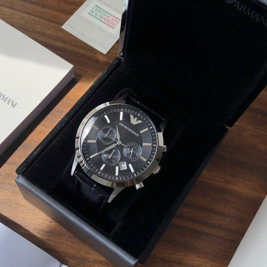 EMPORIO ARMANI Black Dial Leather Strap Watch — front