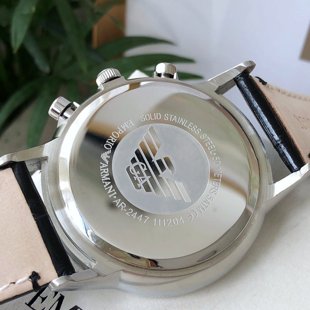 EMPORIO ARMANI Black Dial Leather Strap Watch — back