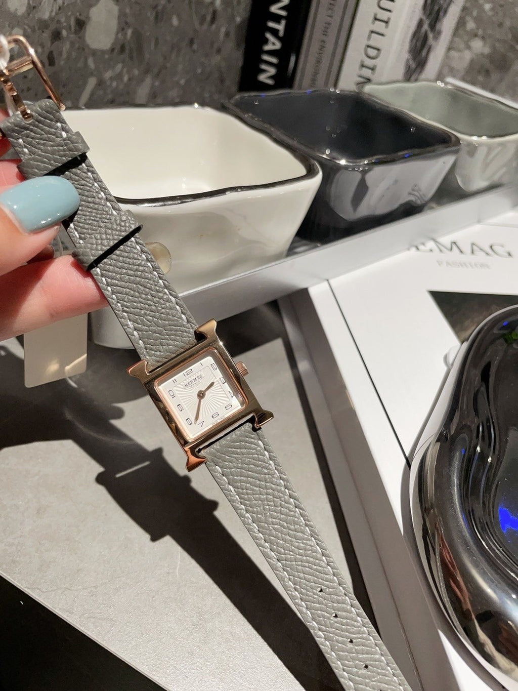 Hermès Gray Strap Gold-Tone Square Watch — hero