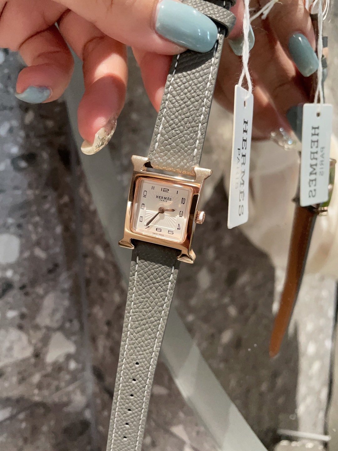 Hermès Gray Strap Gold-Tone Square Watch — side
