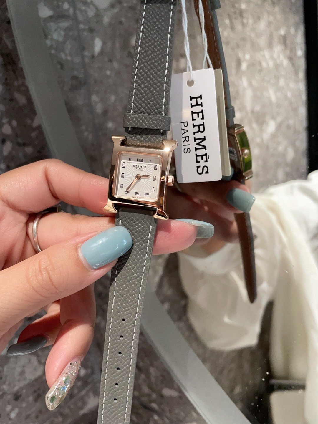Hermès Gray Strap Gold-Tone Square Watch — front