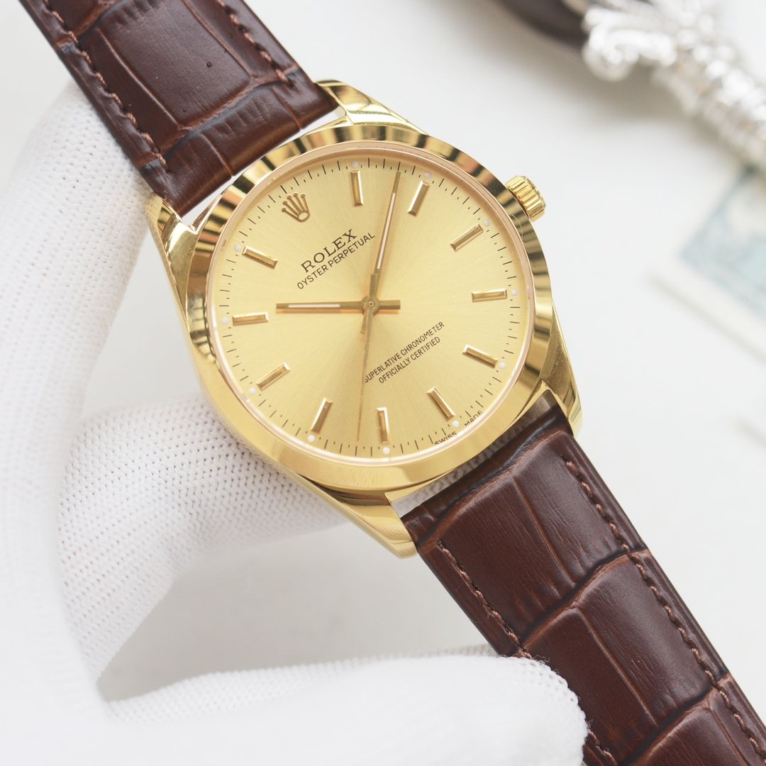 Rolex Gold Brown Leather Strap Watch — hero