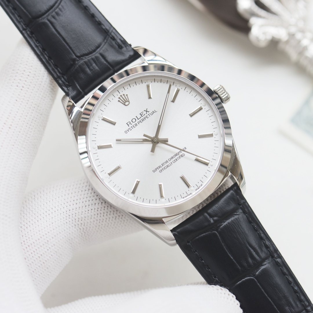 Rolex Silver Black White Dial Leather Strap Watch — hero