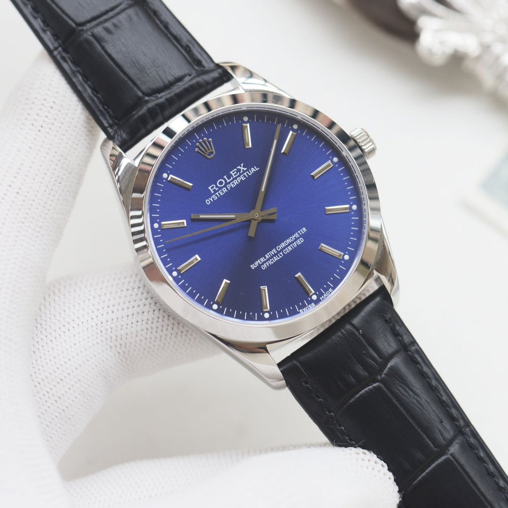 Rolex Silver Black Blue Dial Leather Strap Watch — front