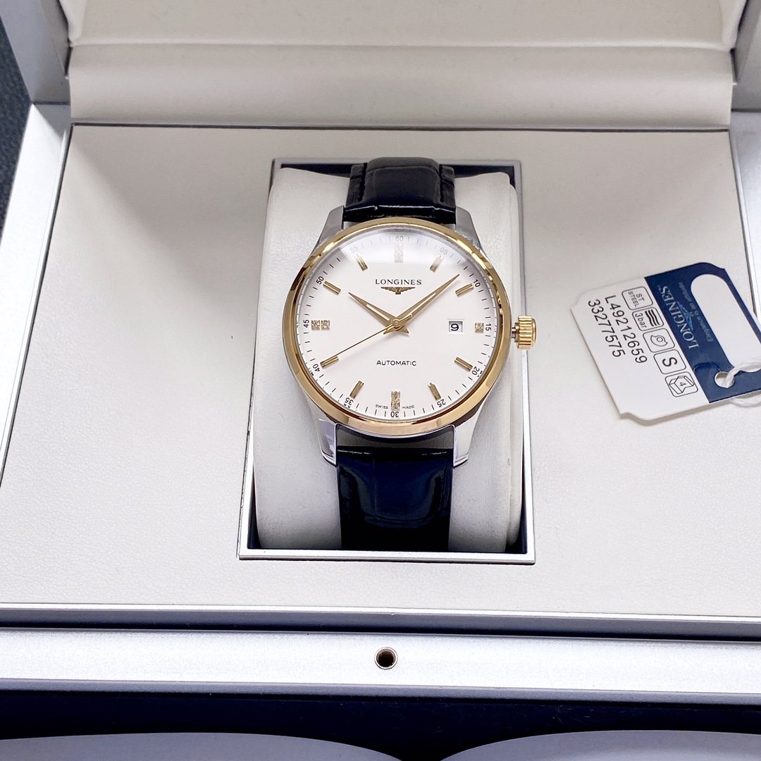 Longines Gold Black White Dial Leather Strap Watch — front