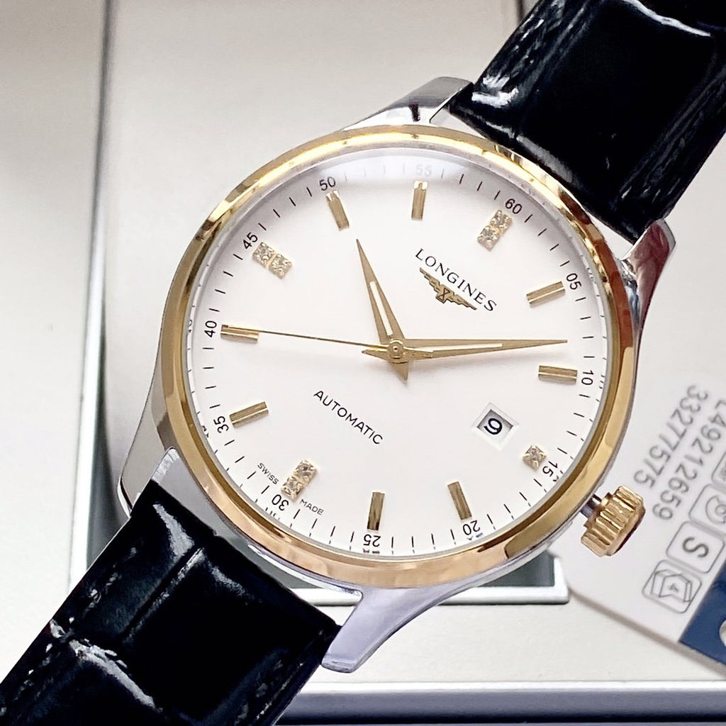 Longines Gold Black White Dial Leather Strap Watch — side