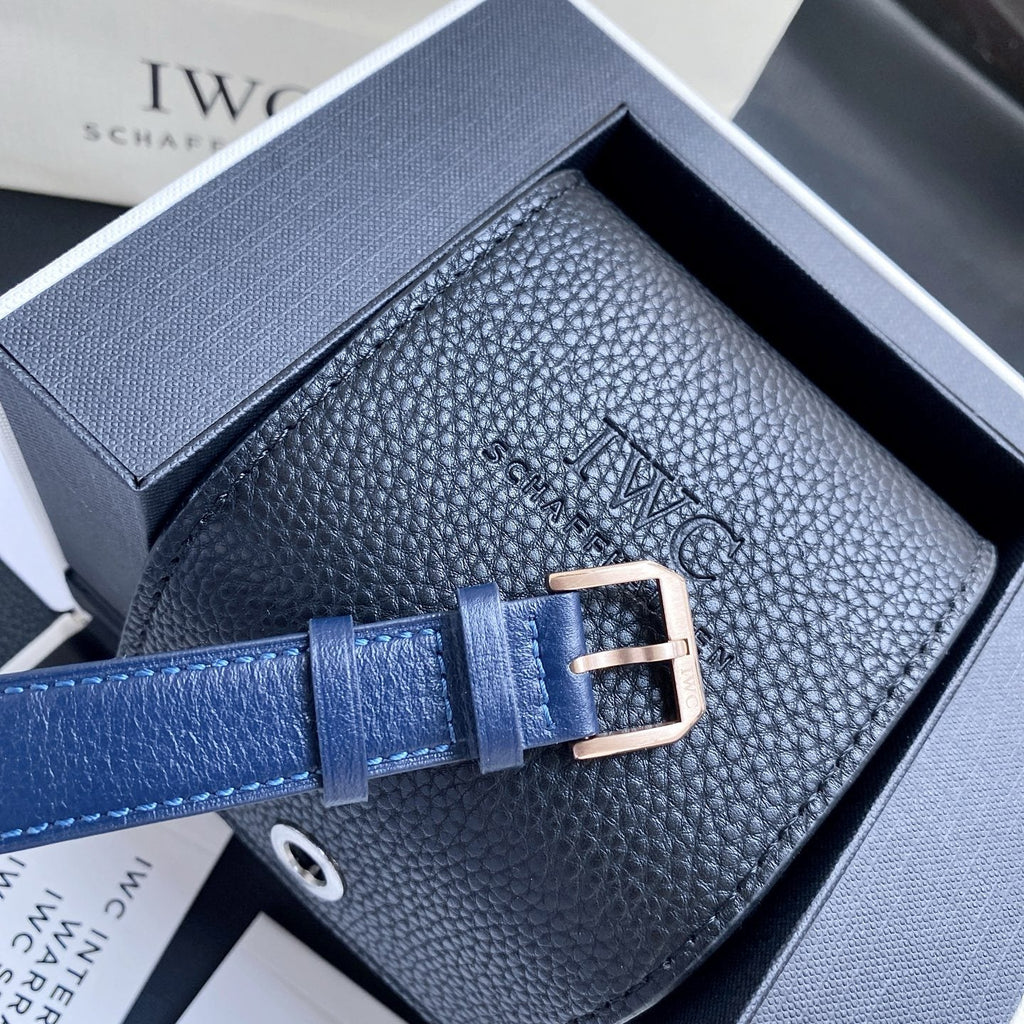 IWC Rose Gold Blue White Dial Strap Watch — detail