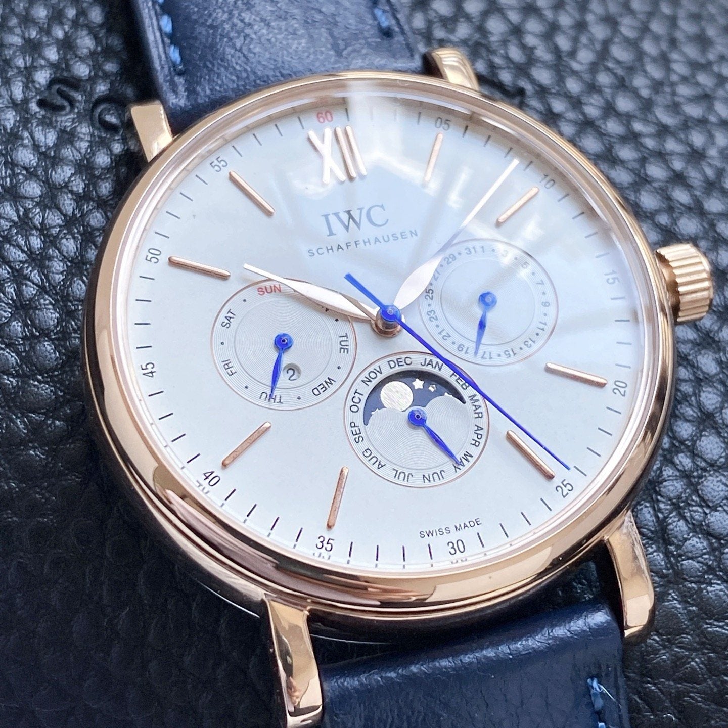 IWC Rose Gold Blue White Dial Strap Watch — detail