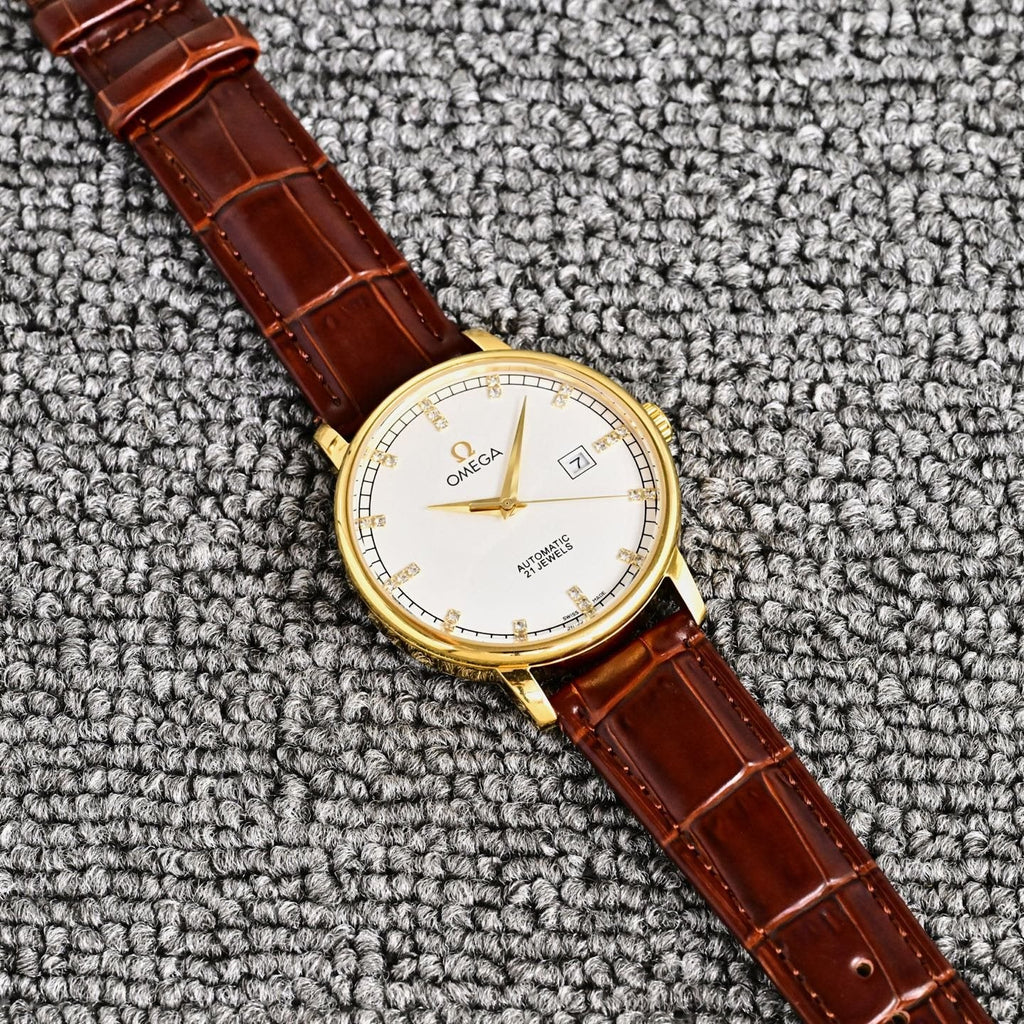 Omega Gold Brown White Dial Strap Watch — hero