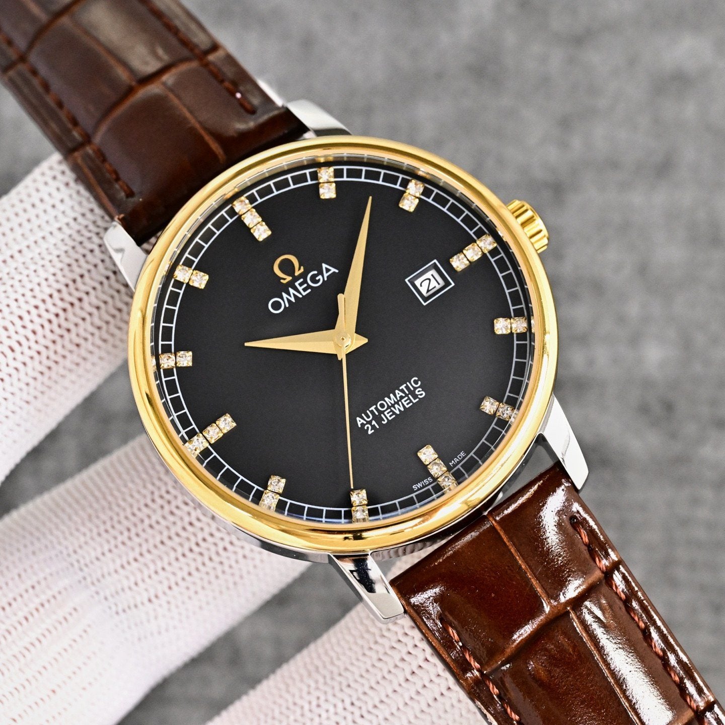 Omega Two Tone Brown Black Dial Strap Watch — hero