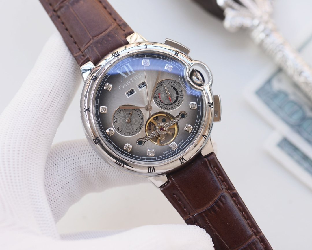 Cartier Silver Brown Dial Strap Watch — front