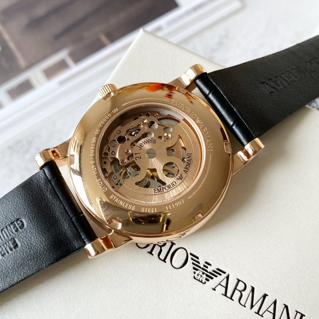 EMPORIO ARMANI Rose Gold Skeleton Watch — back