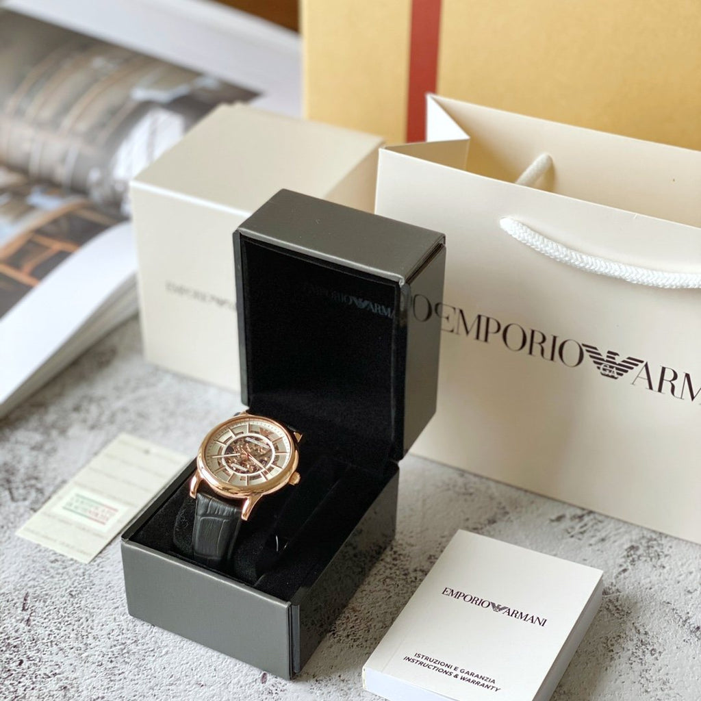 EMPORIO ARMANI Rose Gold Skeleton Watch — front