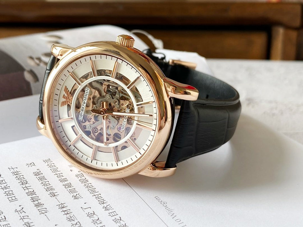 EMPORIO ARMANI Rose Gold Skeleton Watch — front