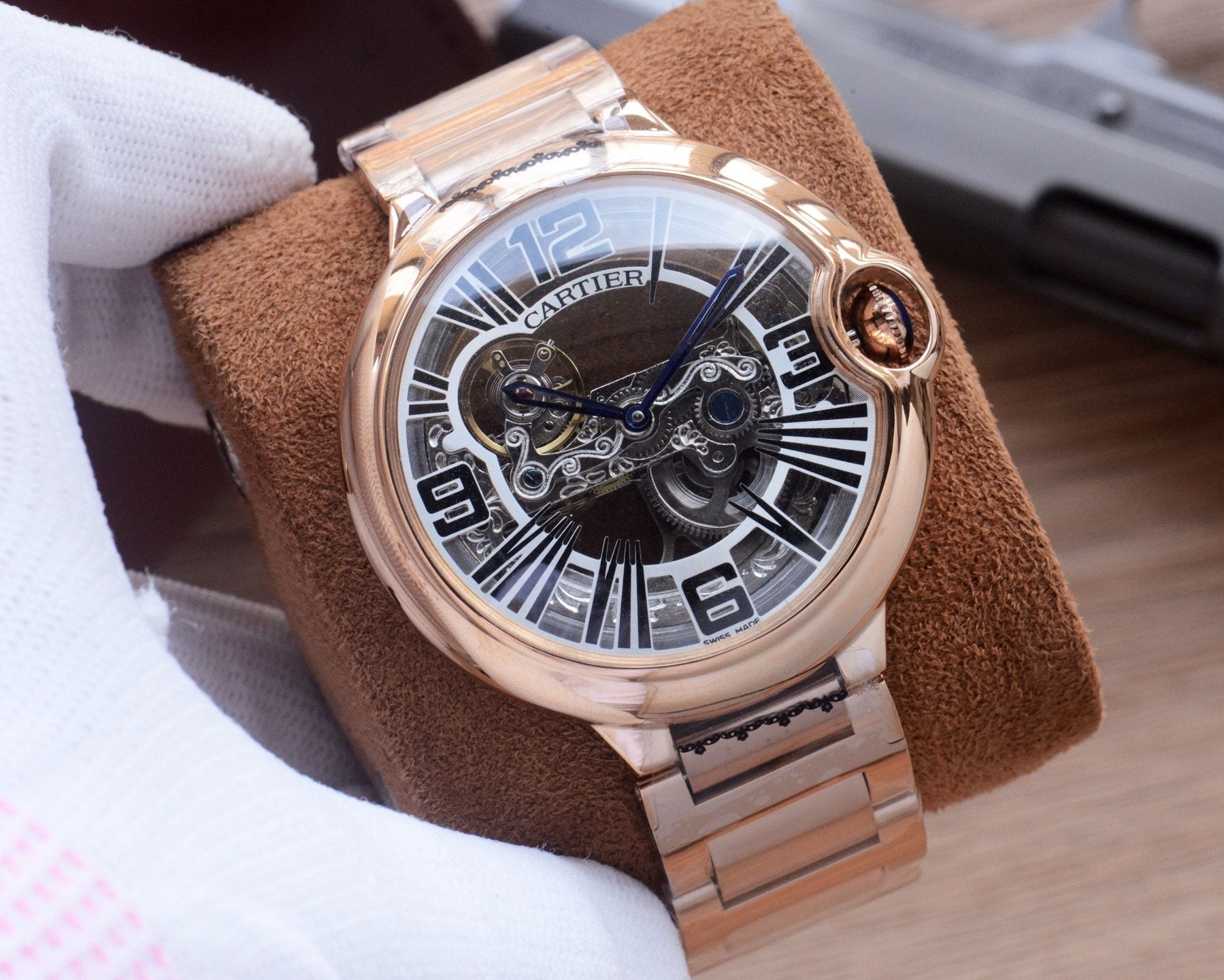Cartier Rose Gold Black Silver Dial Bracelet Watch — front