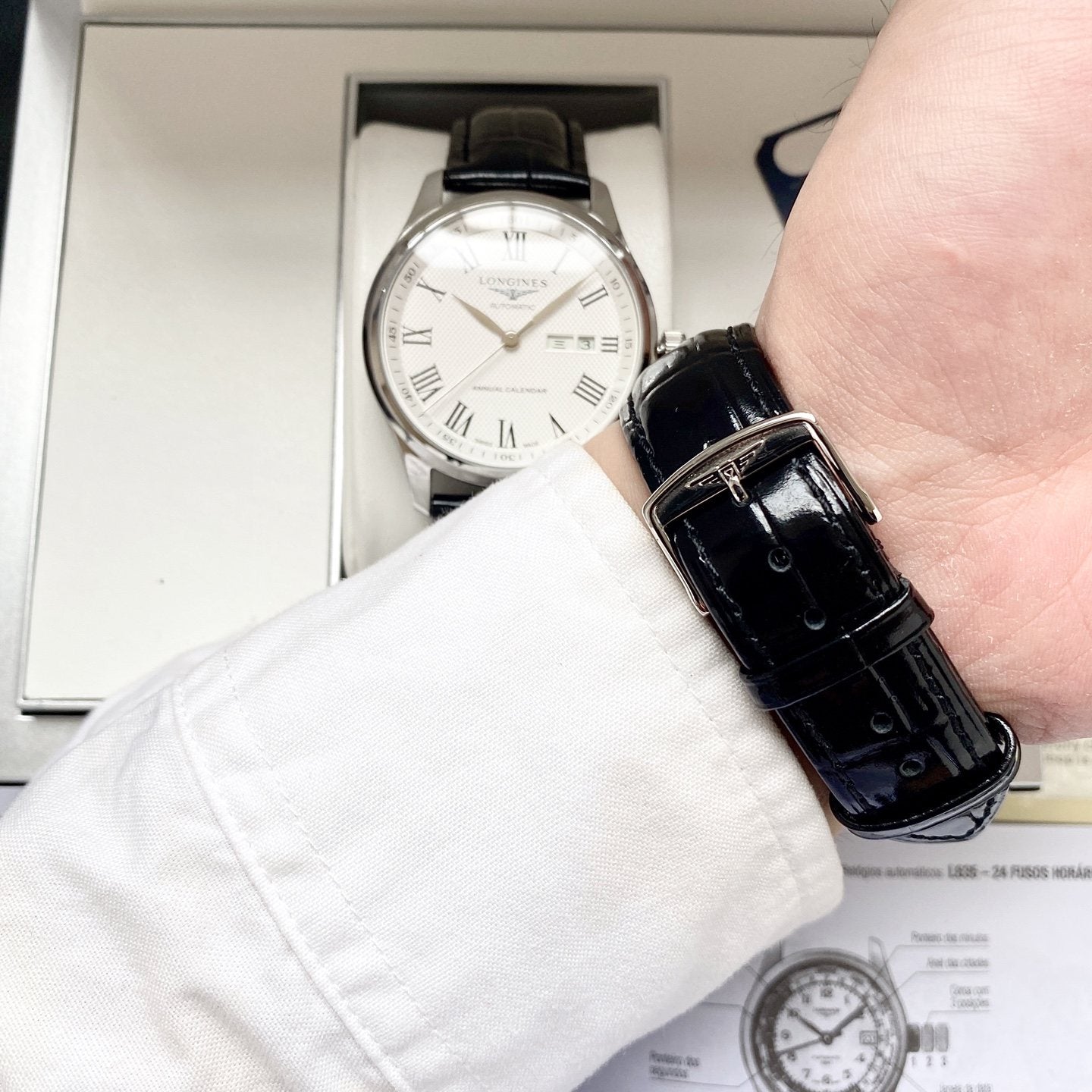 Longines White Dial Leather Strap Watch — model